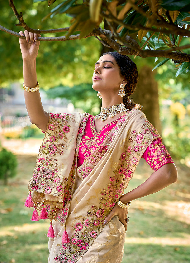 Monjolika Fashion Cream Colour Banarasi Silk Embroidered Woven Saree With Blouse