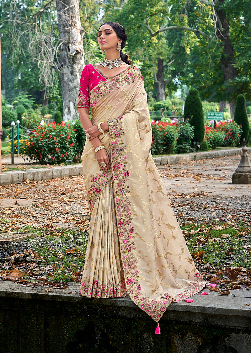 Monjolika Fashion Cream Colour Banarasi Silk Embroidered Woven Saree With Blouse