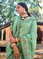 Thumbnail for Monjolika Fashion Sea Green Colour Banarasi Silk Embroidered Woven Saree With Blouse