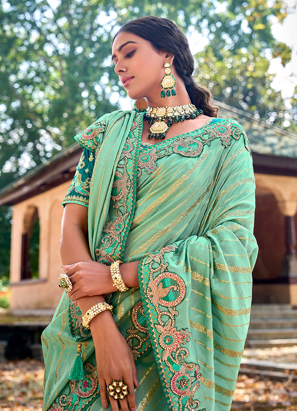 Monjolika Fashion Sea Green Colour Banarasi Silk Embroidered Woven Saree With Blouse