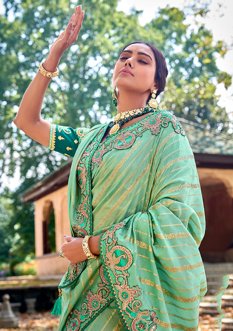 Monjolika Fashion Sea Green Colour Banarasi Silk Embroidered Woven Saree With Blouse