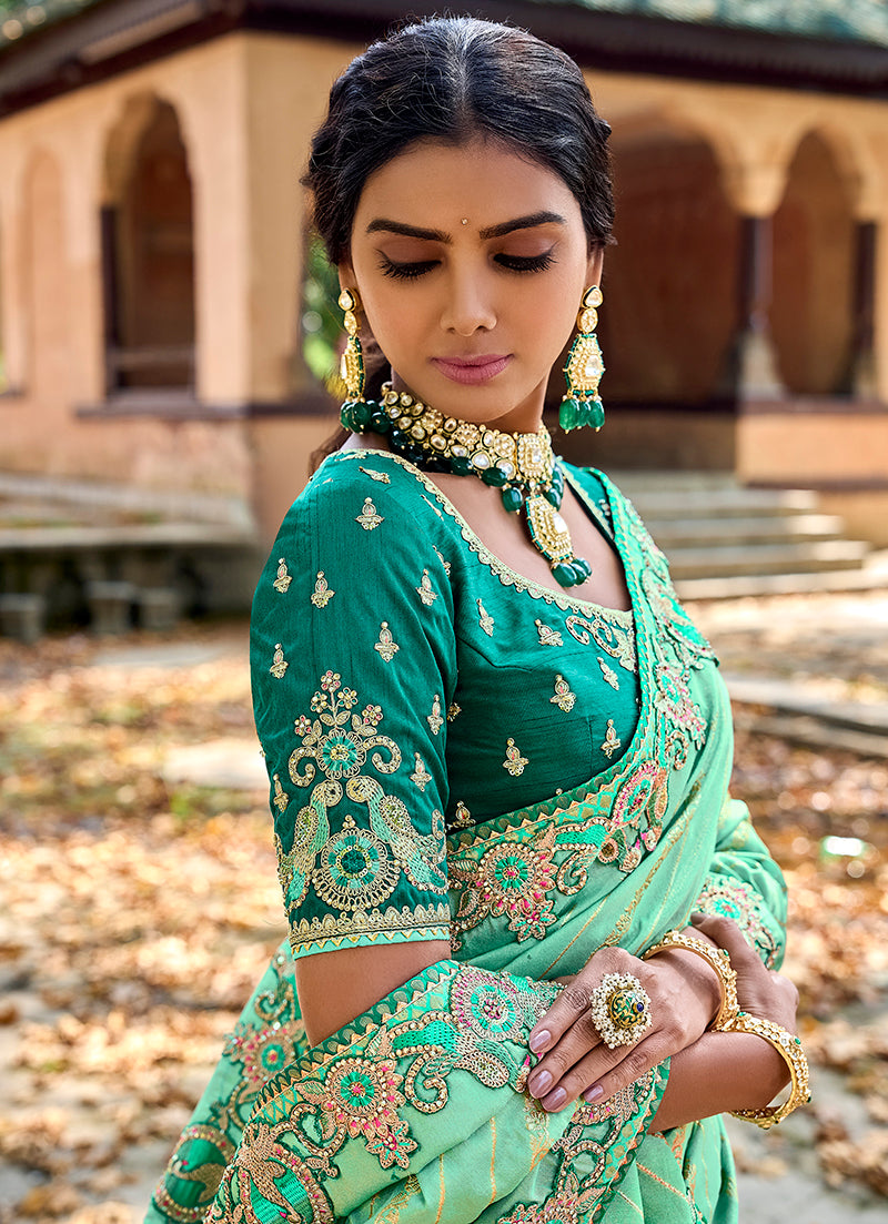 Monjolika Fashion Sea Green Colour Banarasi Silk Embroidered Woven Saree With Blouse