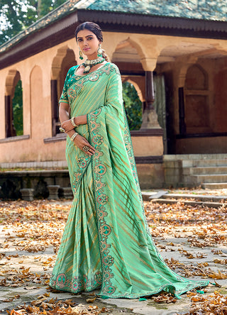 Monjolika Fashion Sea Green Colour Banarasi Silk Embroidered Woven Saree With Blouse