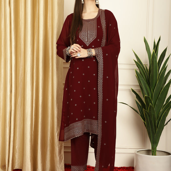 Stylee Lifestyle Marron Georgette Embroidered Suit Set - Distacart