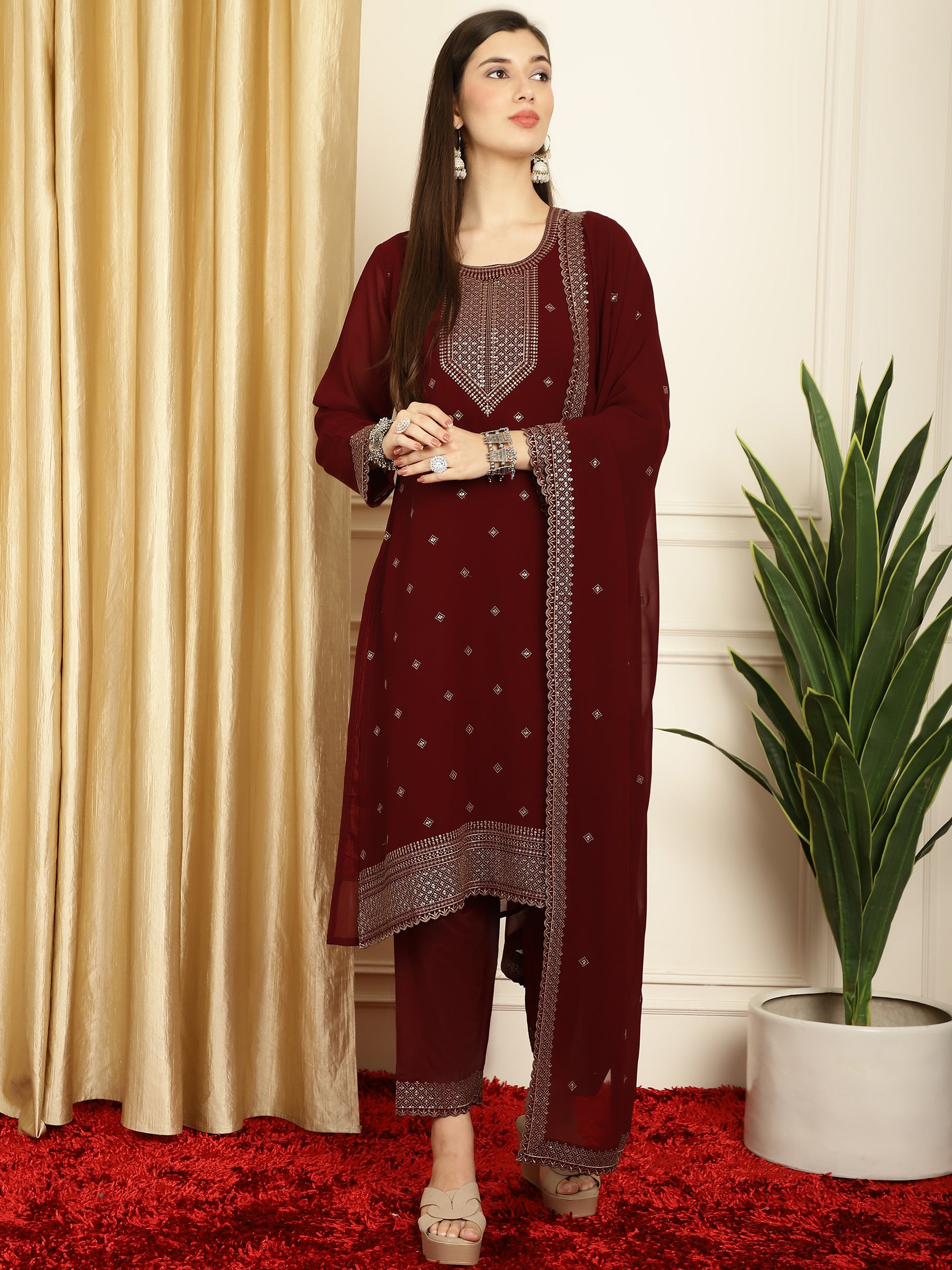 Stylee Lifestyle Marron Georgette Embroidered Suit Set - Distacart