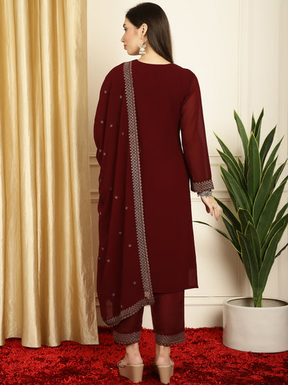 Stylee Lifestyle Marron Georgette Embroidered Suit Set - Distacart
