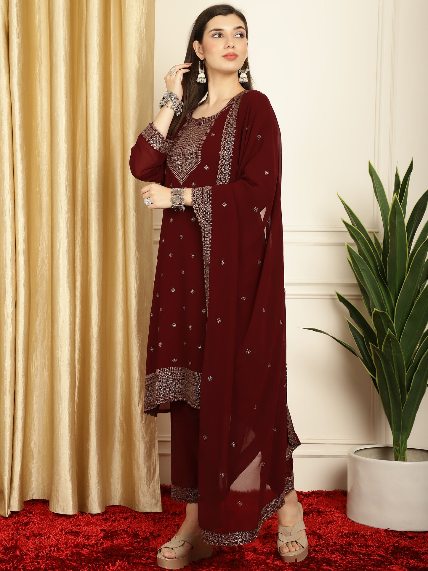 Stylee Lifestyle Marron Georgette Embroidered Suit Set - Distacart