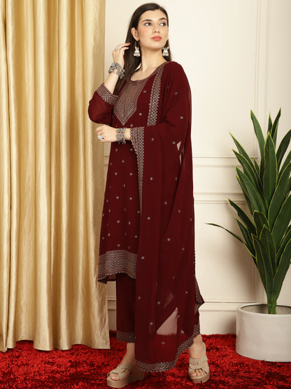 Stylee Lifestyle Marron Georgette Embroidered Suit Set - Distacart