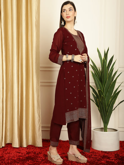 Stylee Lifestyle Marron Georgette Embroidered Suit Set - Distacart