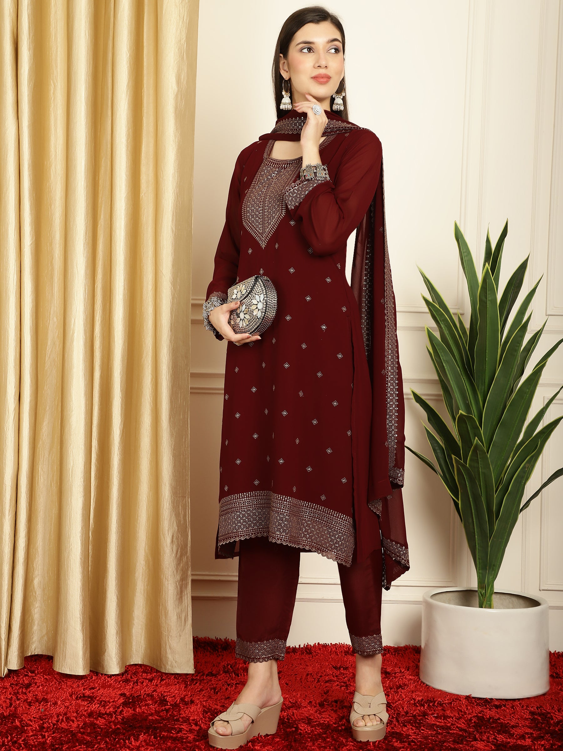 Stylee Lifestyle Marron Georgette Embroidered Suit Set - Distacart