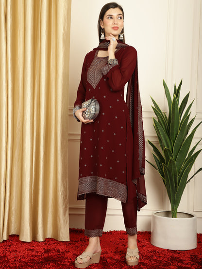Stylee Lifestyle Marron Georgette Embroidered Suit Set - Distacart