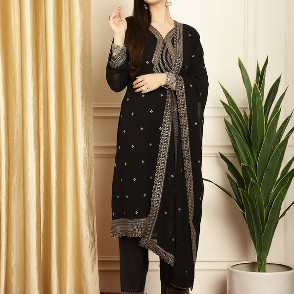 Stylee Lifestyle Black Georgette Embroidered Suit Set - Distacart