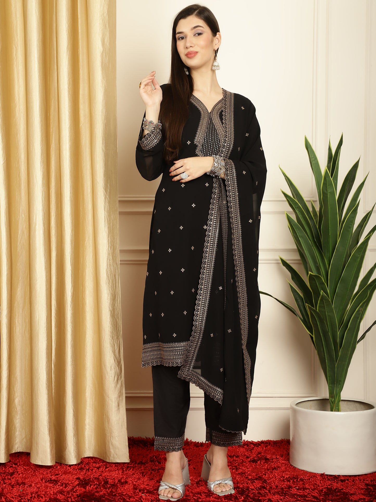 Stylee Lifestyle Black Georgette Embroidered Suit Set - Distacart