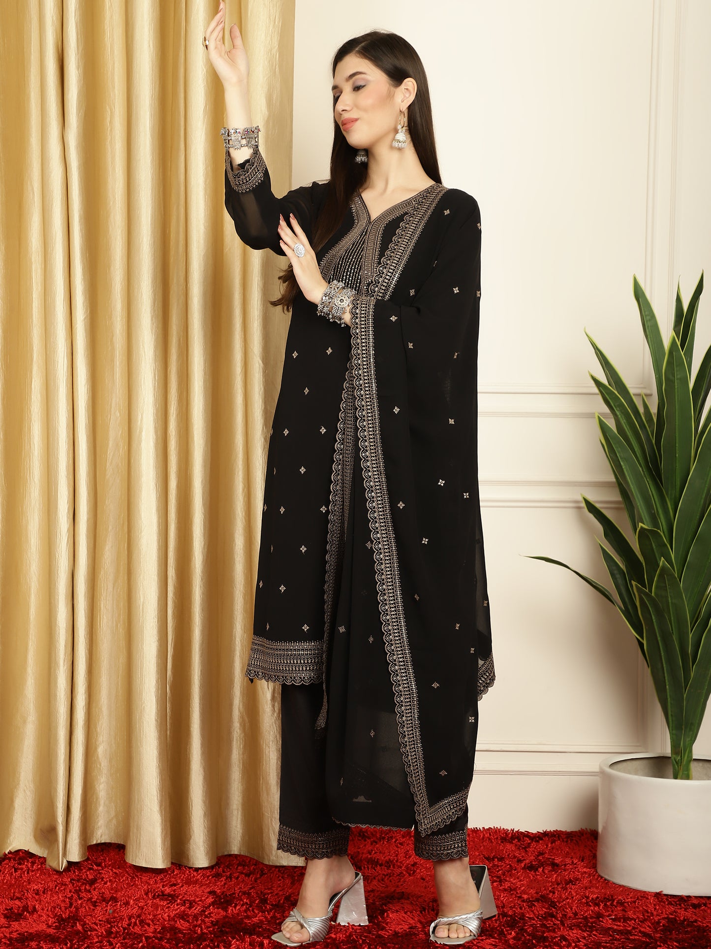Stylee Lifestyle Black Georgette Embroidered Suit Set - Distacart