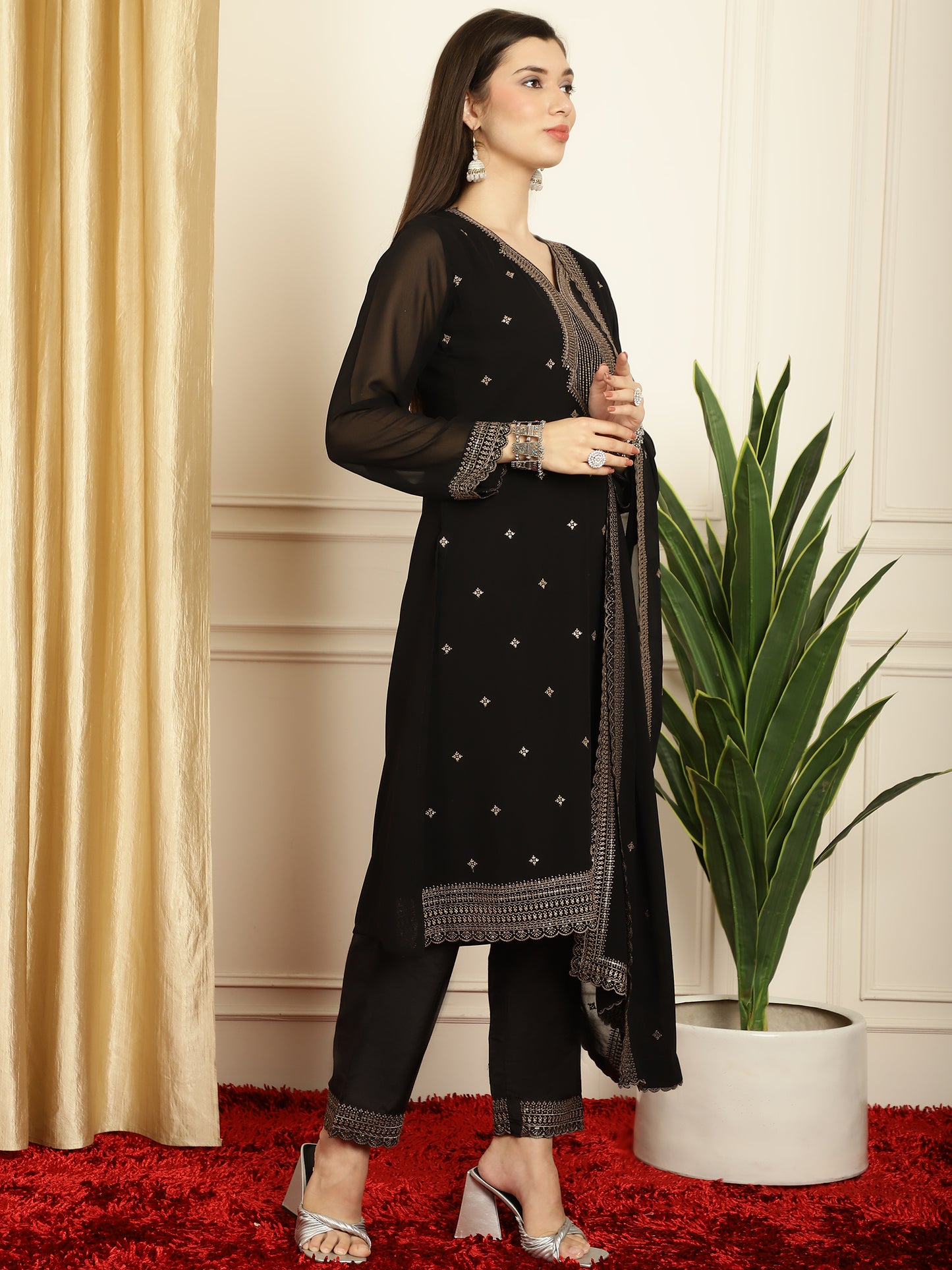 Stylee Lifestyle Black Georgette Embroidered Suit Set - Distacart