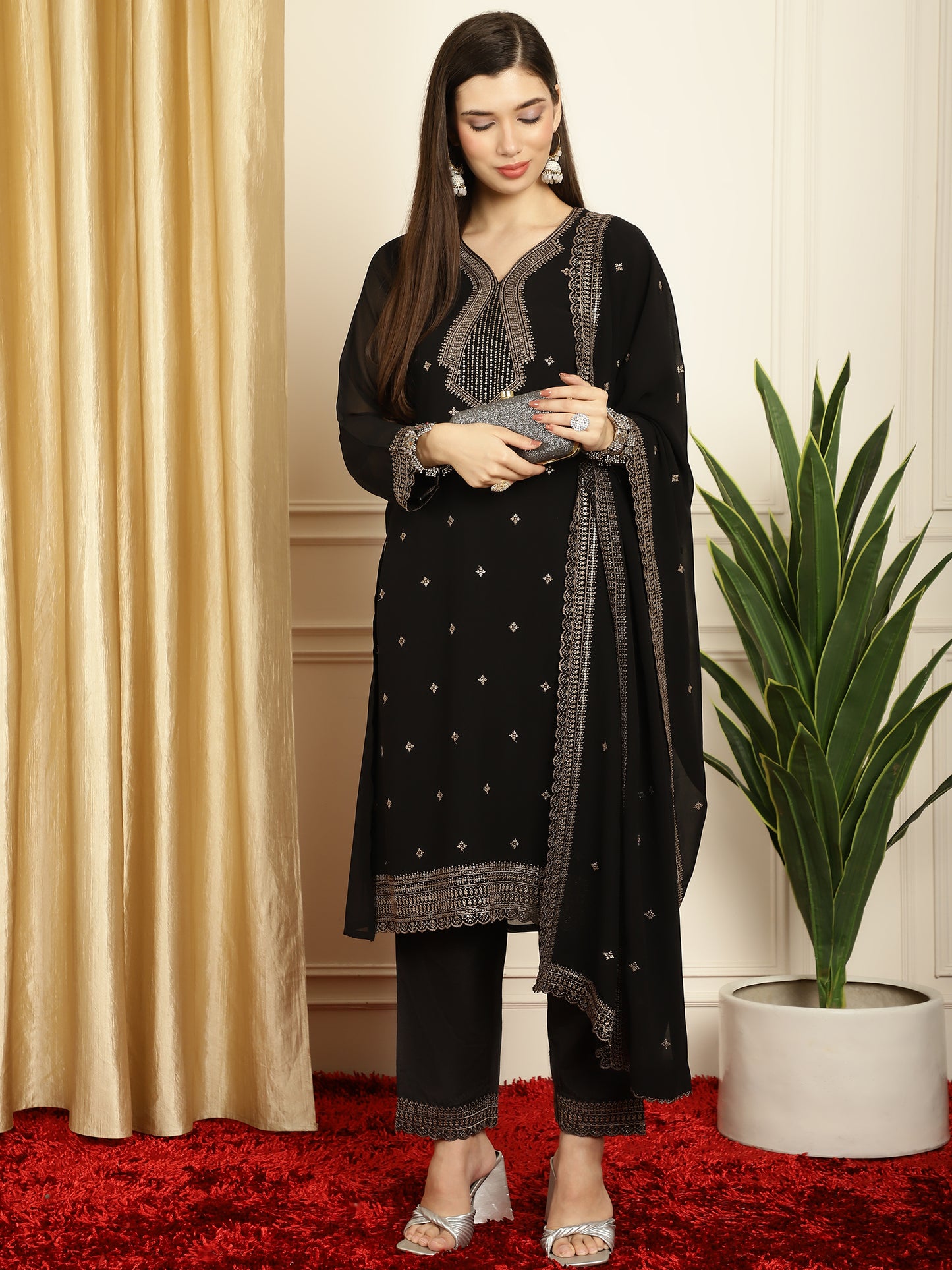 Stylee Lifestyle Black Georgette Embroidered Suit Set - Distacart