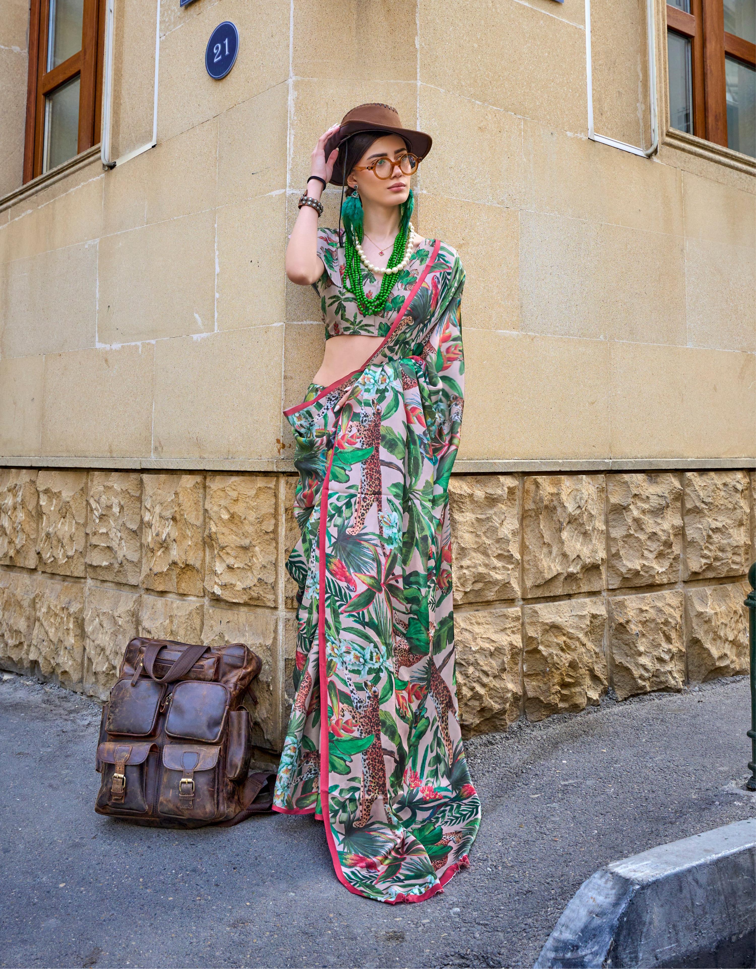 Monjolika Fashion Elegant Multi Colour Satin Georgette Lightweight Saree