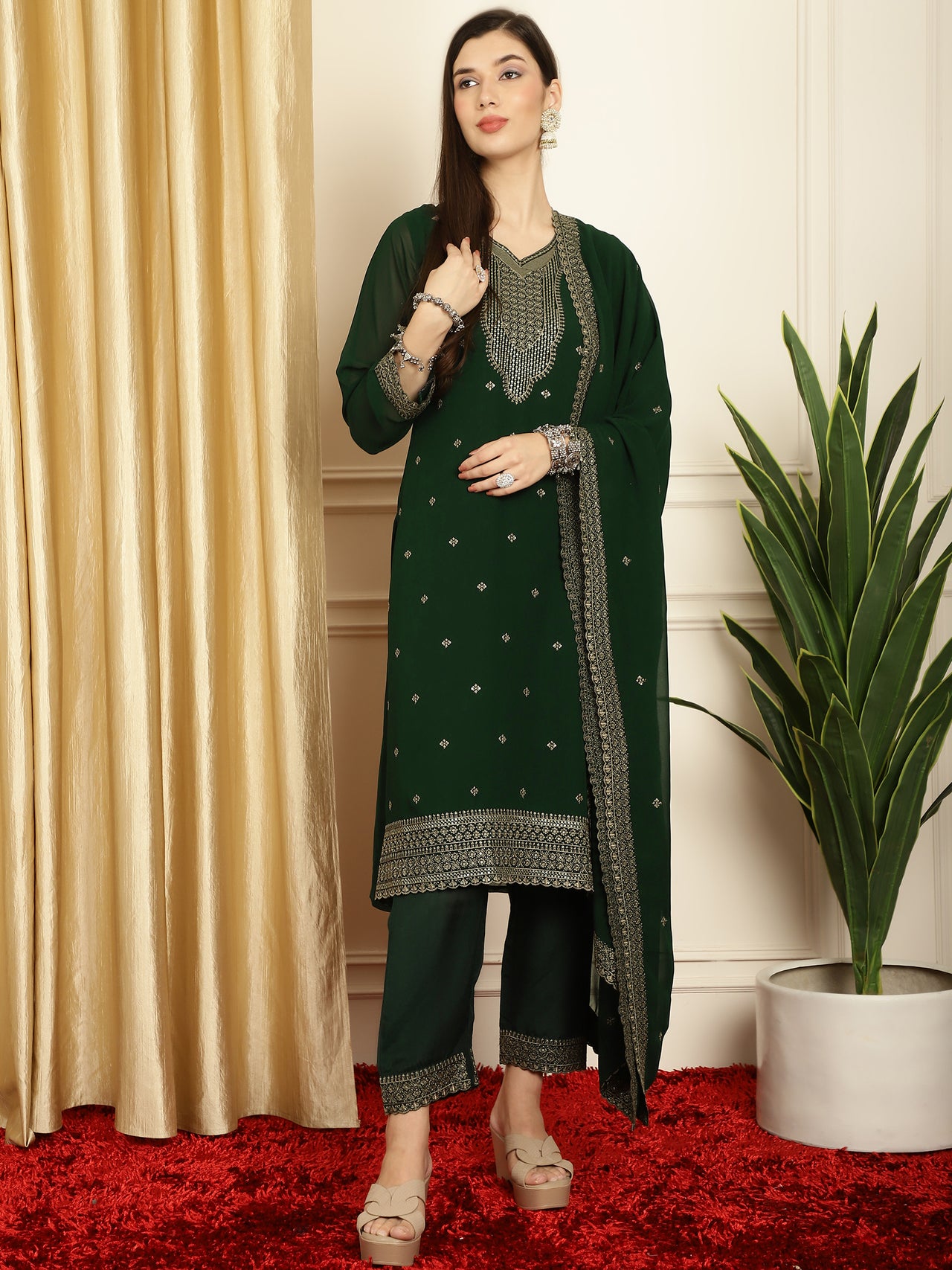 Stylee Lifestyle Green Georgette Embroidered Suit Set - Distacart