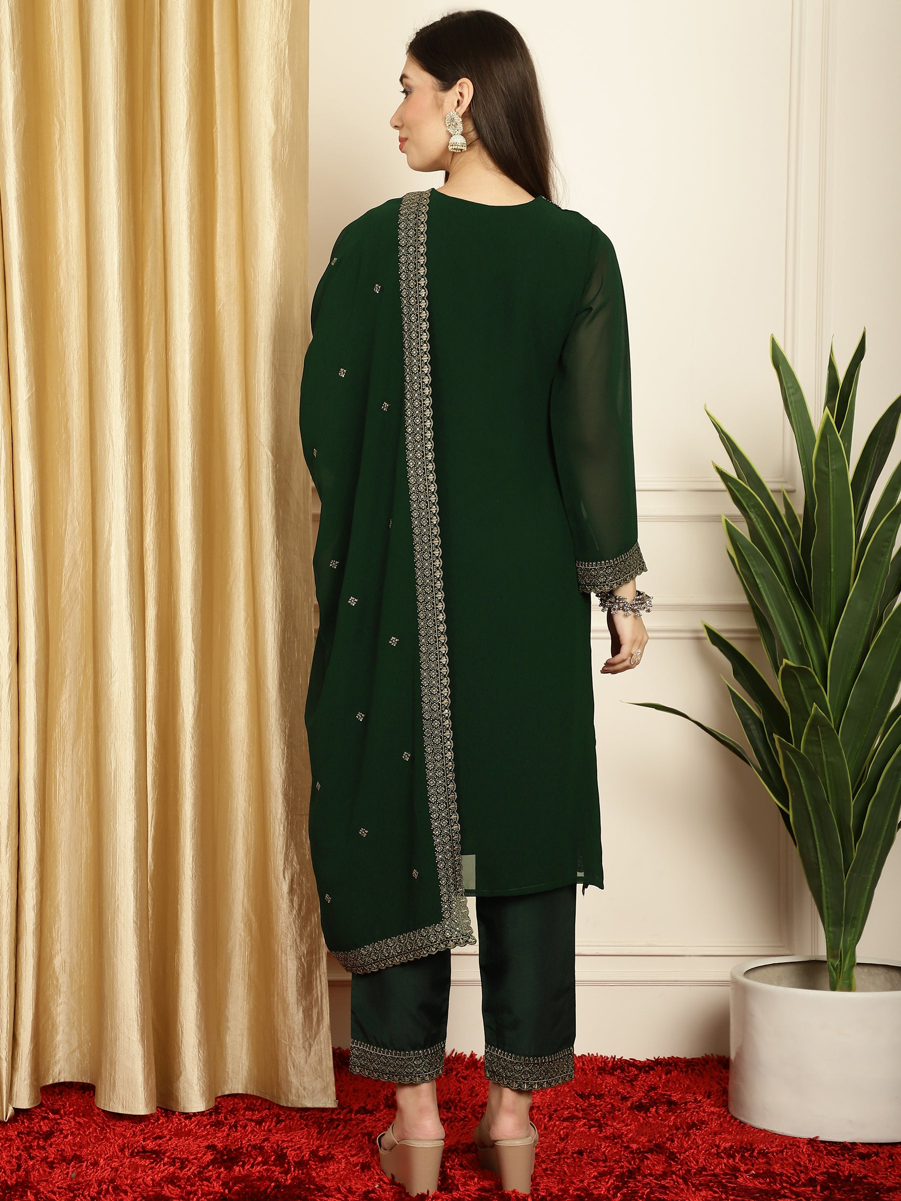 Stylee Lifestyle Green Georgette Embroidered Suit Set - Distacart
