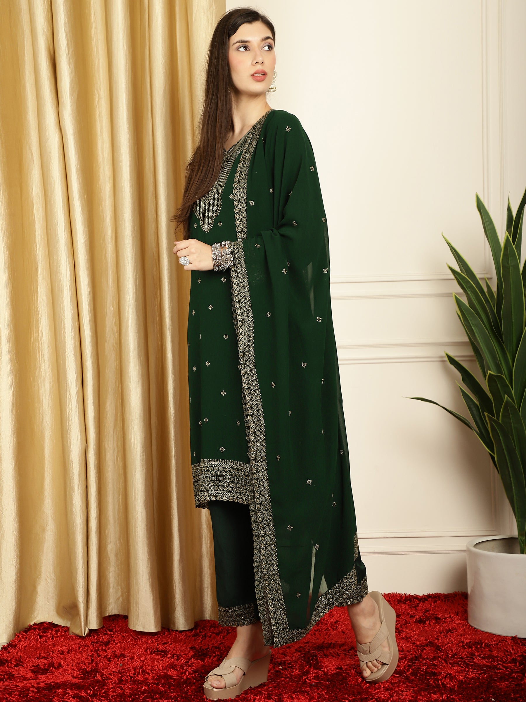 Stylee Lifestyle Green Georgette Embroidered Suit Set - Distacart