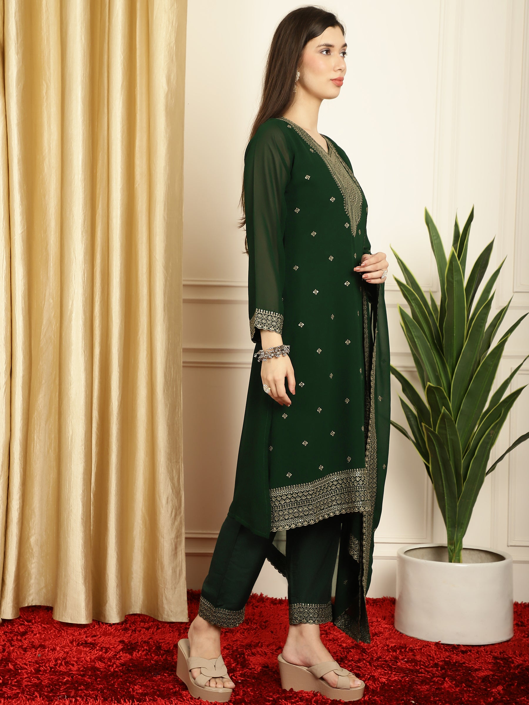 Stylee Lifestyle Green Georgette Embroidered Suit Set - Distacart