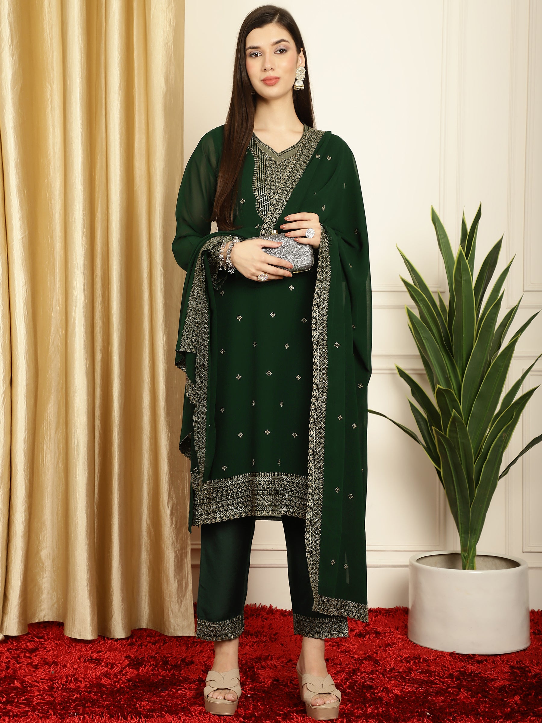 Stylee Lifestyle Green Georgette Embroidered Suit Set - Distacart