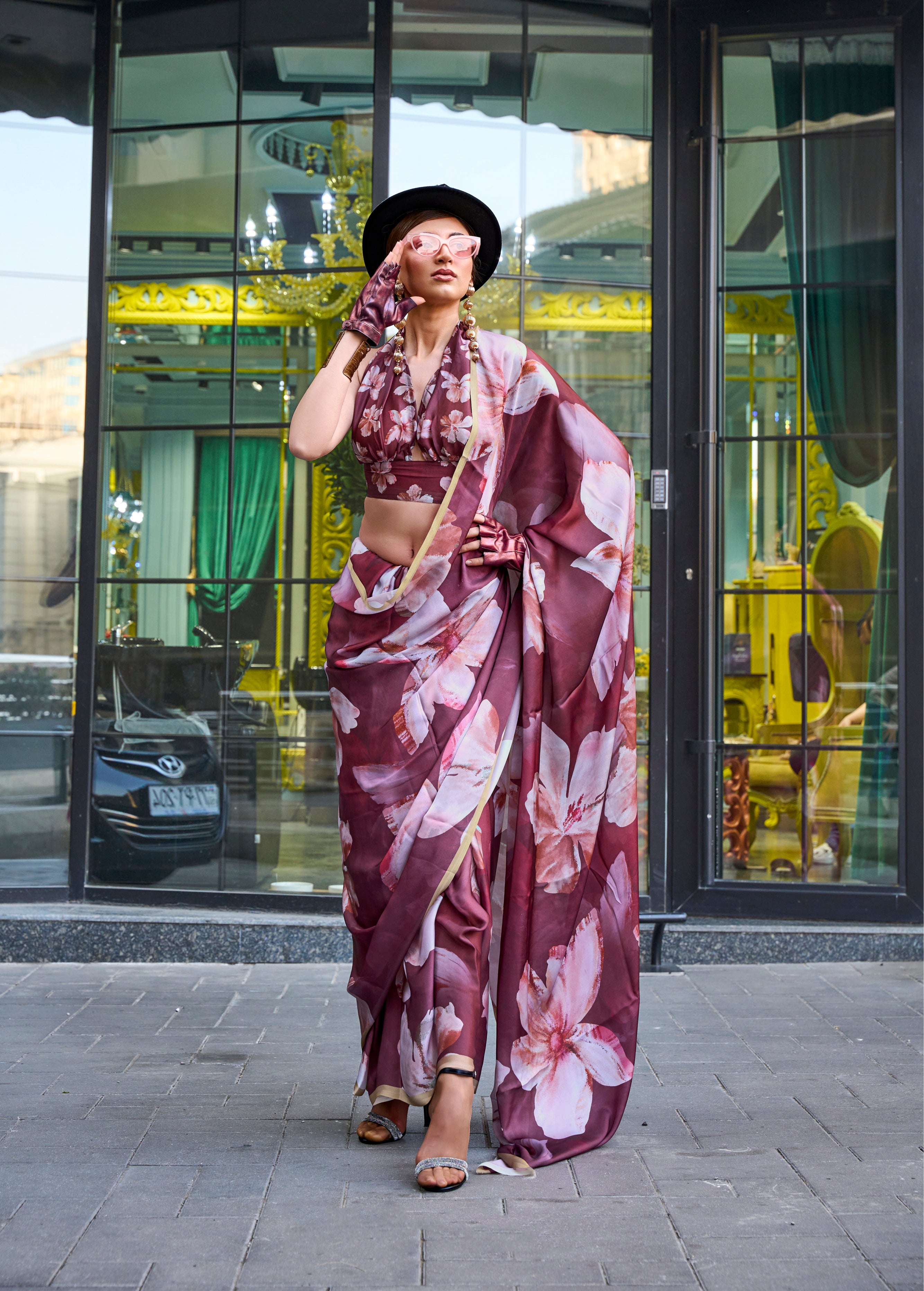 Monjolika Fashion Elegant Wine Colour Satin Georgette Lightweight Saree