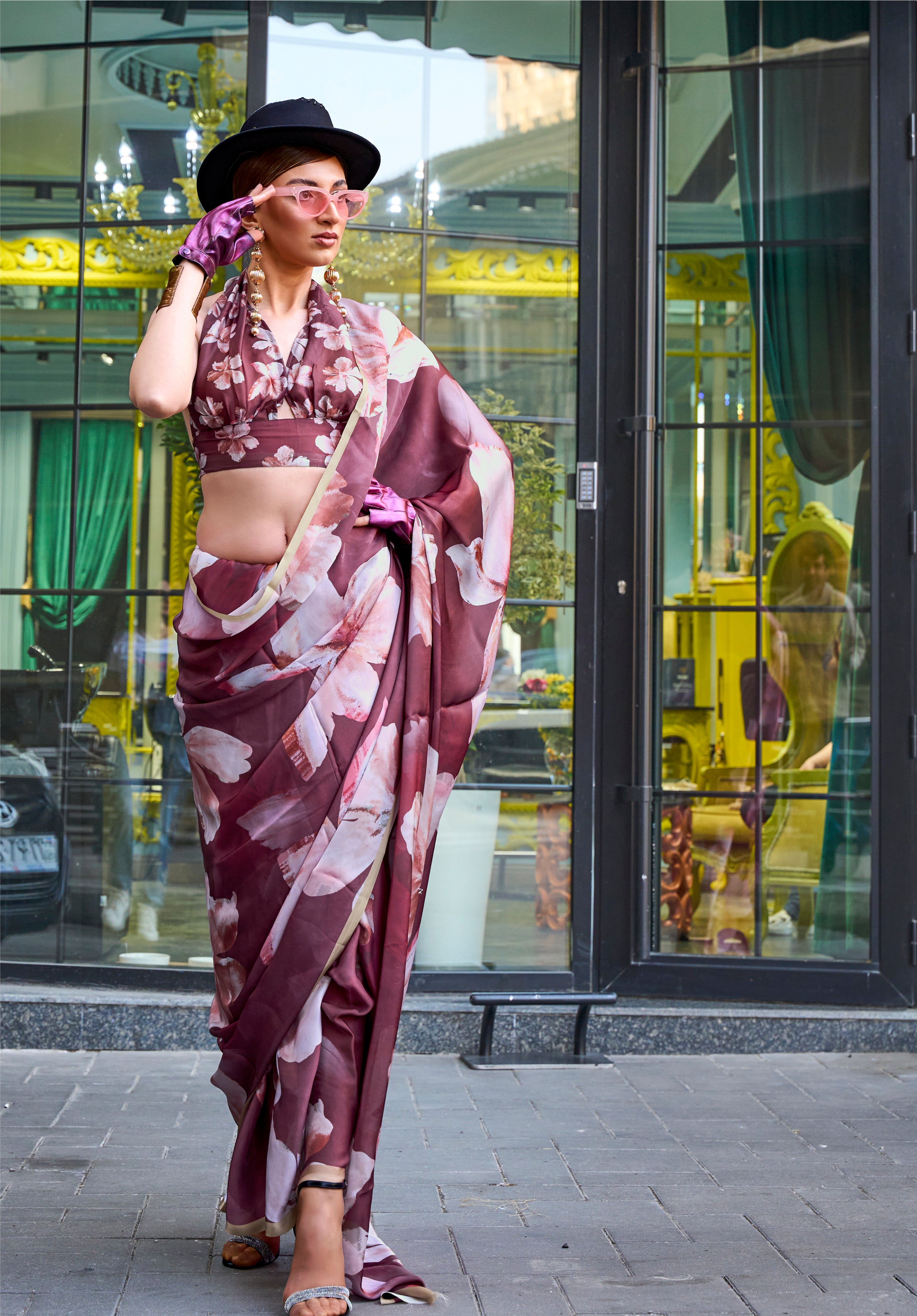 Monjolika Fashion Elegant Wine Colour Satin Georgette Lightweight Saree