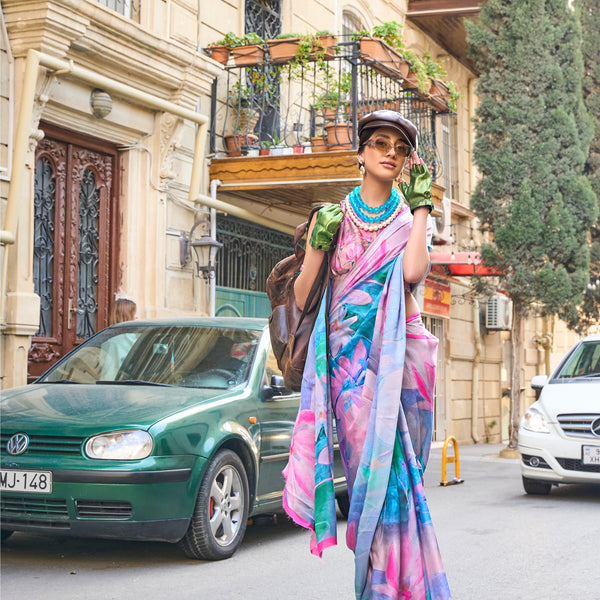 Monjolika Fashion Elegant Sky Blue Colour Satin Georgette Lightweight Saree