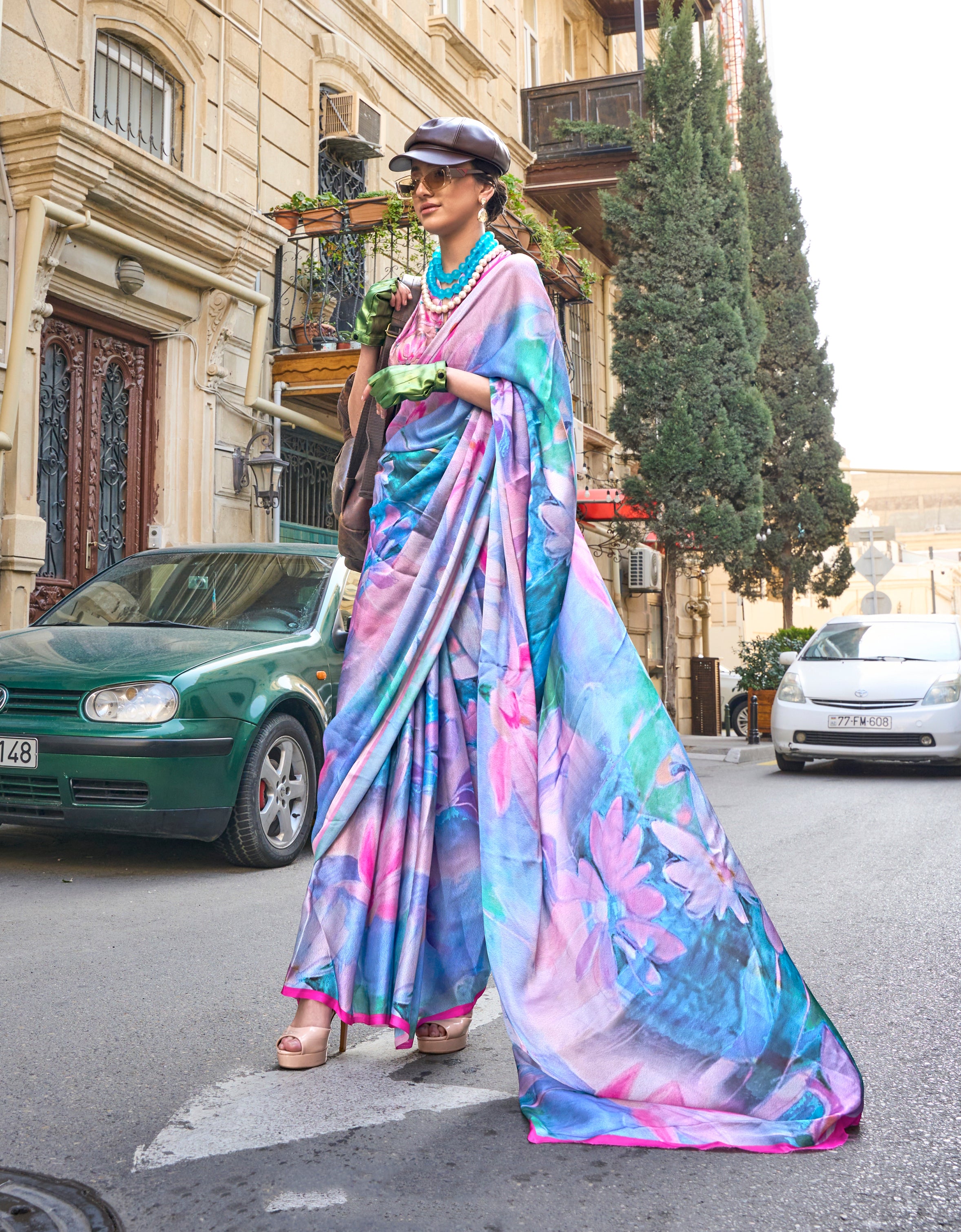 Monjolika Fashion Elegant Sky Blue Colour Satin Georgette Lightweight Saree