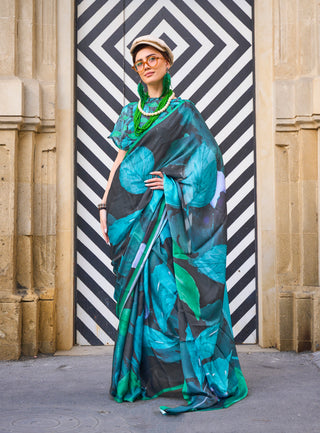 Monjolika Fashion Elegant Black Colour Satin Georgette Lightweight Saree