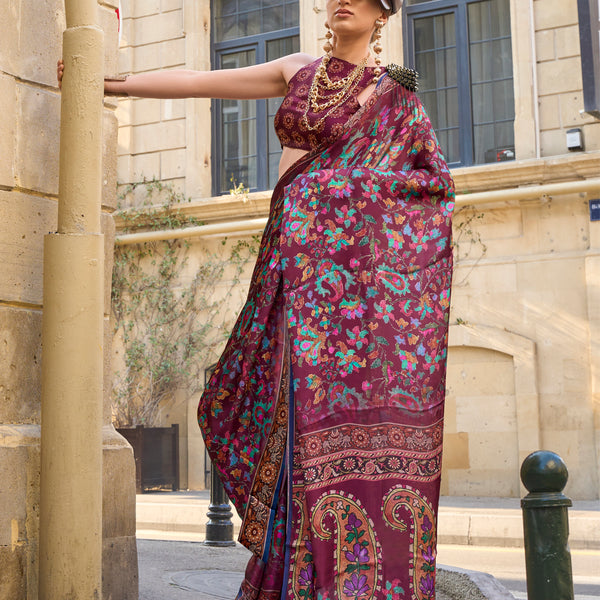 Monjolika Fashion Elegant Wine Colour Satin Georgette Lightweight Saree