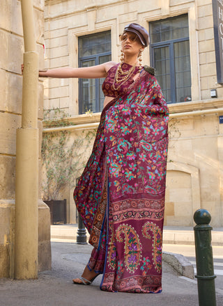 Monjolika Fashion Elegant Wine Colour Satin Georgette Lightweight Saree