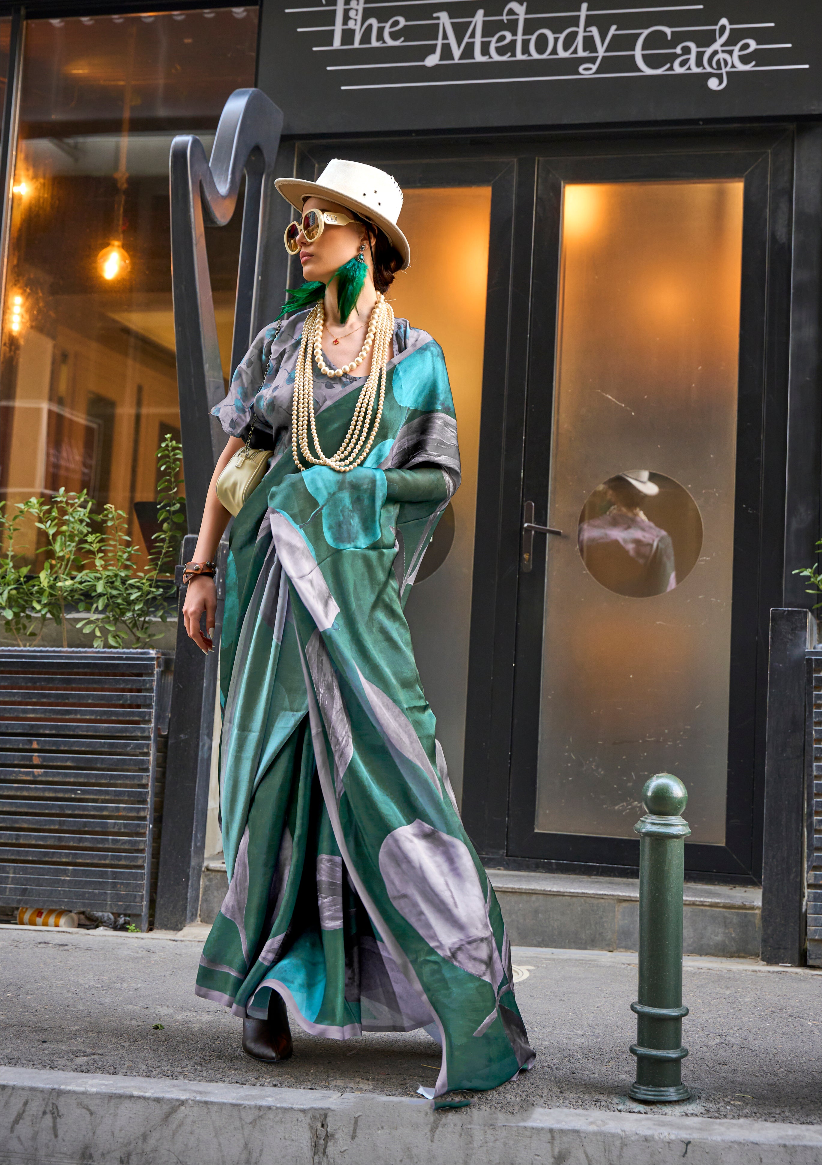 Monjolika Fashion Elegant Dark Green Colour Satin Georgette Lightweight Saree