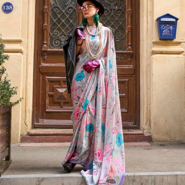 Monjolika Fashion Elegant Off White Colour Satin Georgette Lightweight Saree