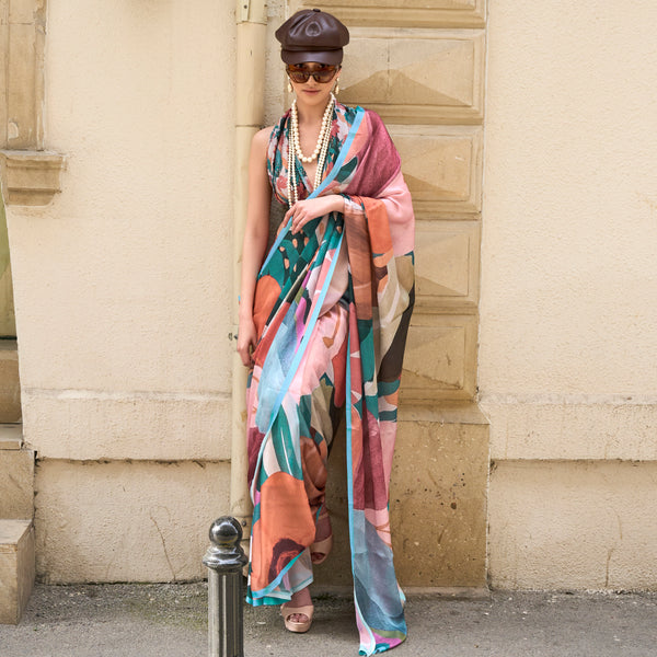 Monjolika Fashion Elegant Multi Colour Satin Georgette Lightweight Saree