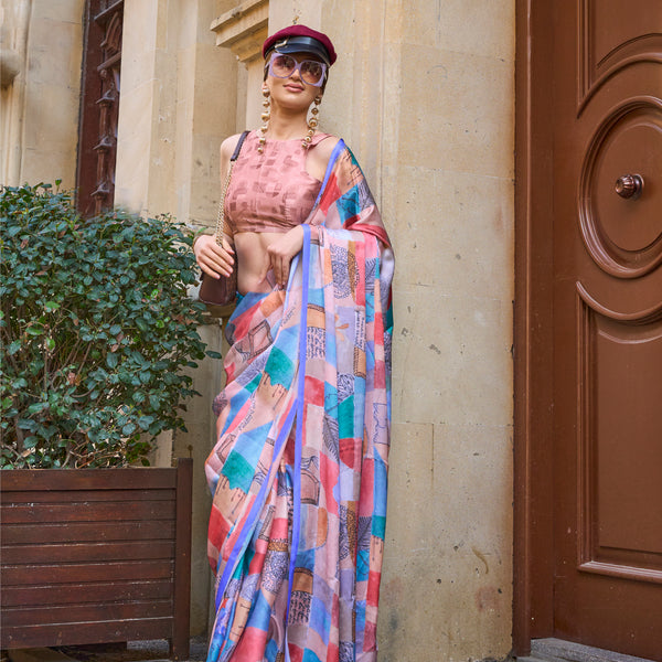 Monjolika Fashion Elegant Multi Colour Satin Georgette Lightweight Saree