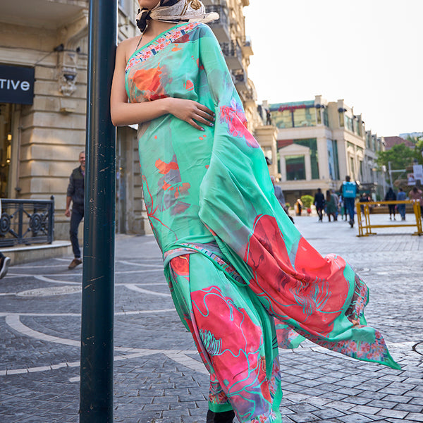 Monjolika Fashion Sophisticated Sea Green Colour Crepe Silk Elegant Saree