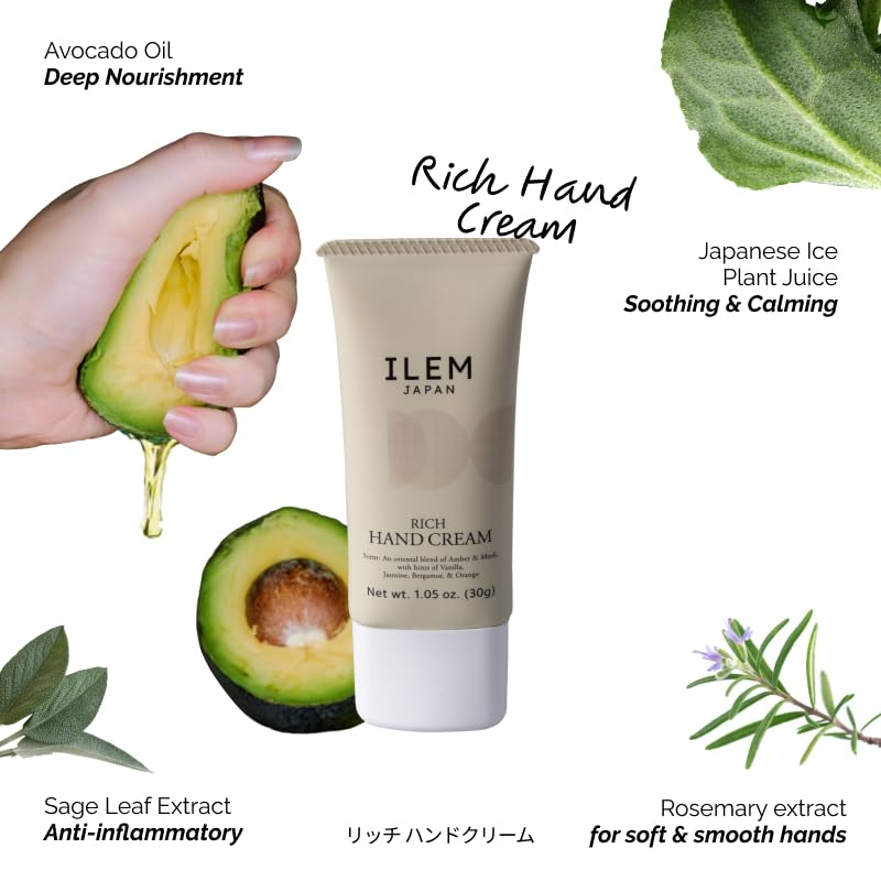 ILEM JAPAN Rich Hand Cream For Men & Women | Best Before Aug 2026 | Hyaluronic Acid & Avocado Oil | For Dry & Rough Hand | All Skin Type Soft Moisturizer Cream - 30g