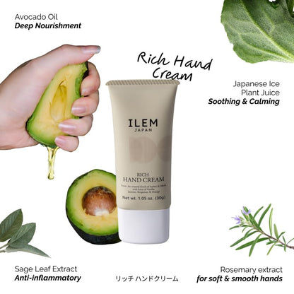 ILEM JAPAN Rich Hand Cream For Men & Women | Best Before Aug 2026 | Hyaluronic Acid & Avocado Oil | For Dry & Rough Hand | All Skin Type Soft Moisturizer Cream - 30g
