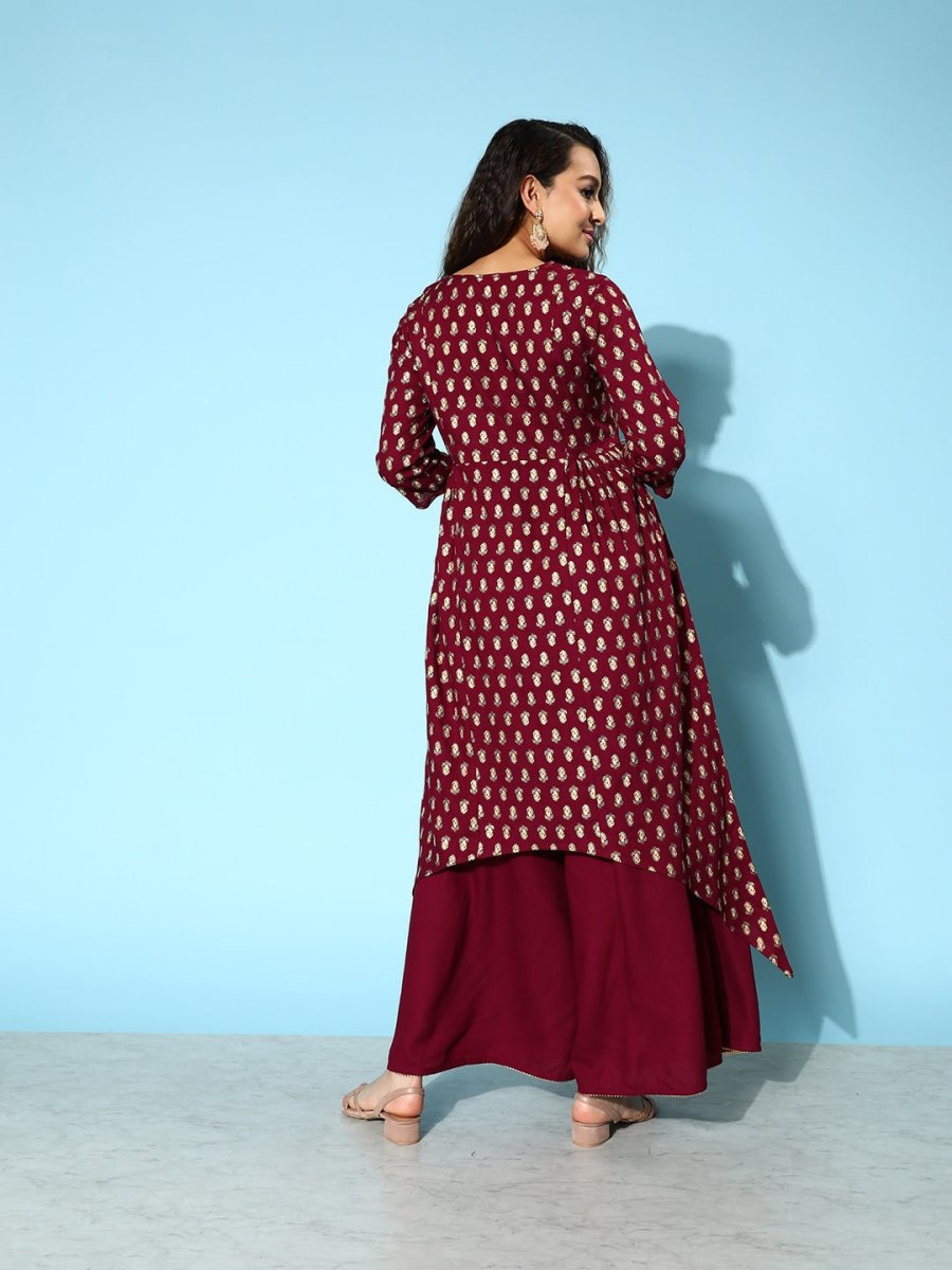All About You Carmine Maroon Printed A-Line Veere Di Wedding Kurta with Palazzos - Distacart