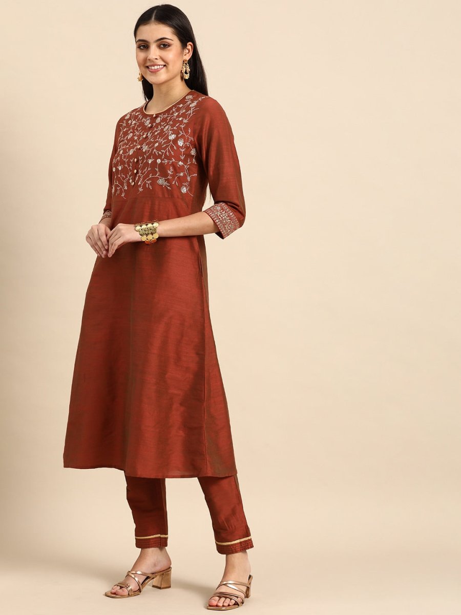 All About You Women Rust Embroidered Kurta with Trousers & Dupatta - Distacart