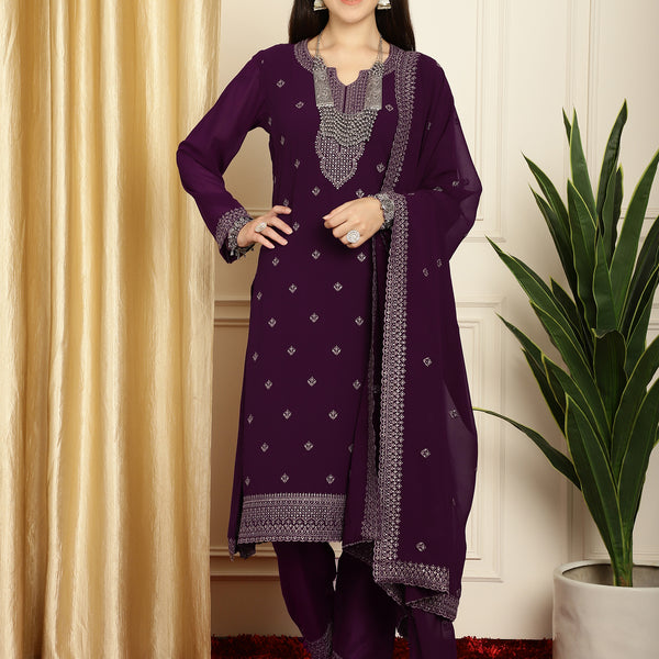 Stylee Lifestyle Burgundy Georgette Embroidered Suit Set - Distacart