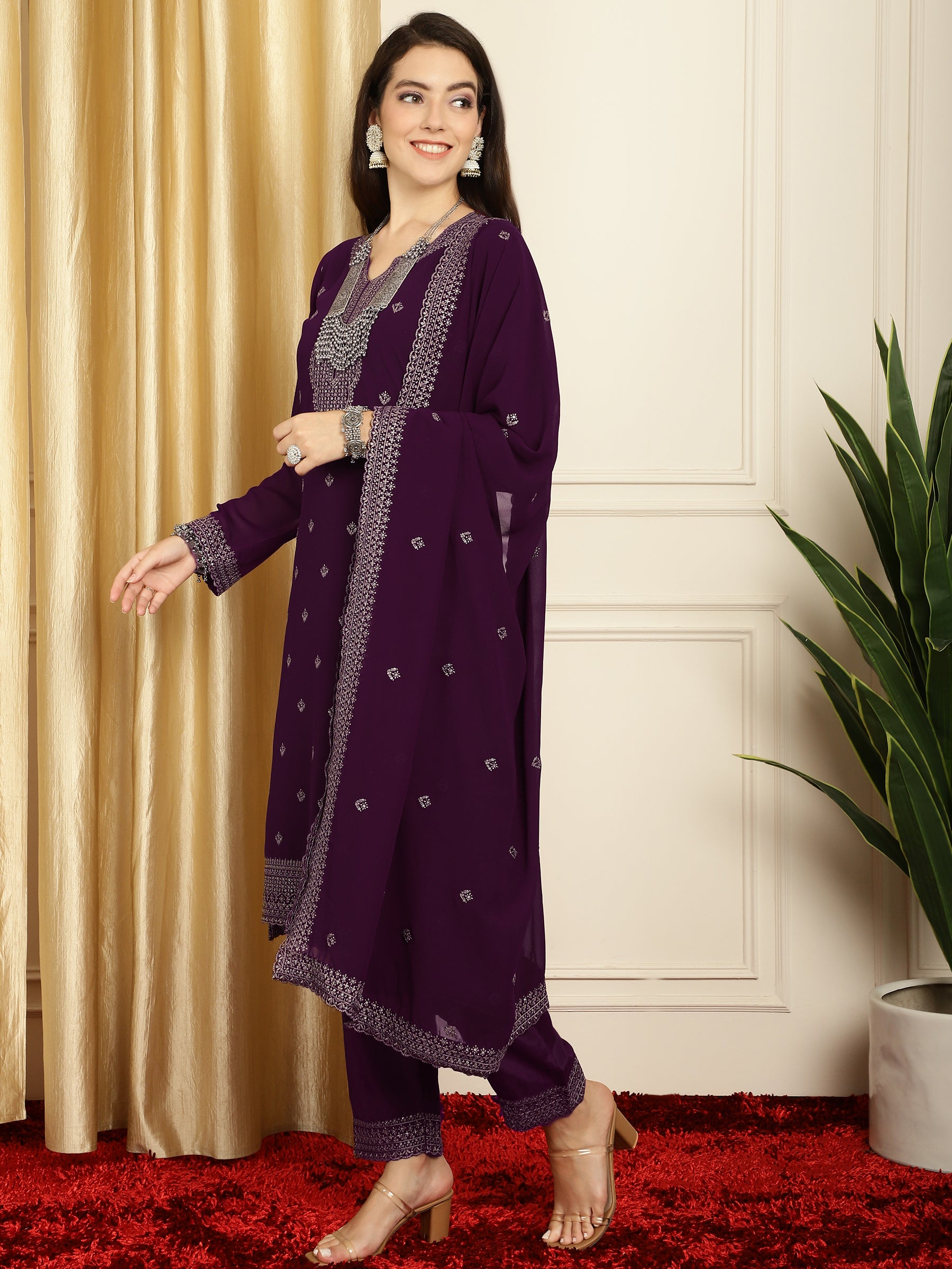 Stylee Lifestyle Burgundy Georgette Embroidered Suit Set - Distacart