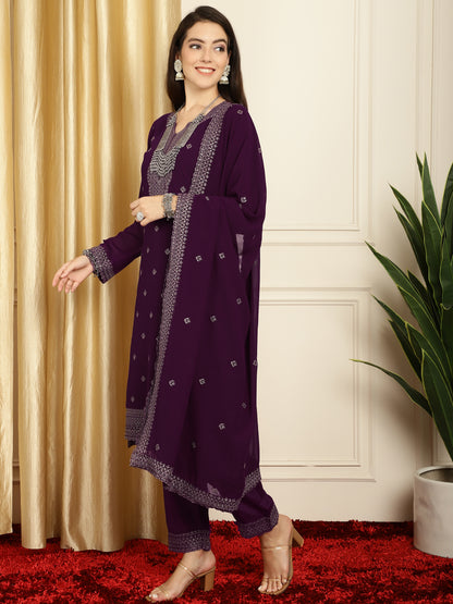 Stylee Lifestyle Burgundy Georgette Embroidered Suit Set - Distacart