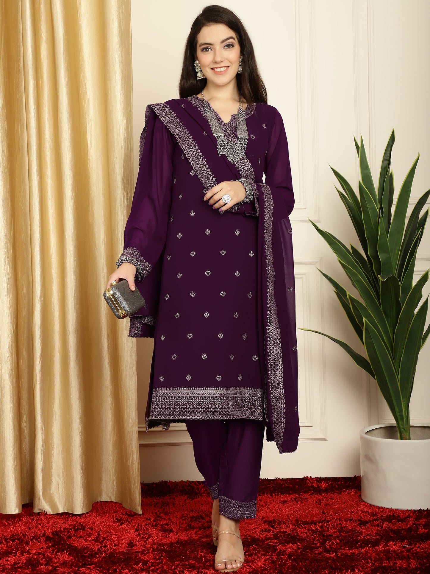 Stylee Lifestyle Burgundy Georgette Embroidered Suit Set - Distacart