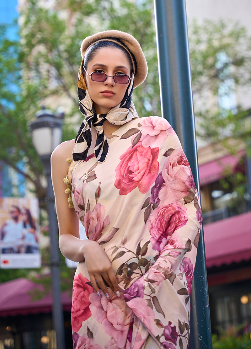 Monjolika Fashion Sophisticated Beige Colour Crepe Silk Elegant Saree