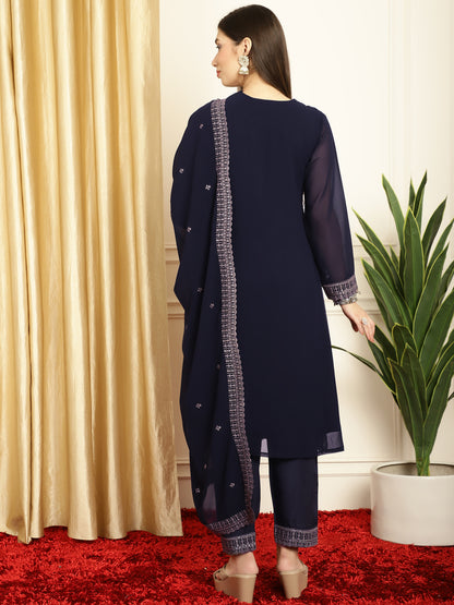 Stylee Lifestyle Navy Blue Georgette Embroidered Suit Set - Distacart