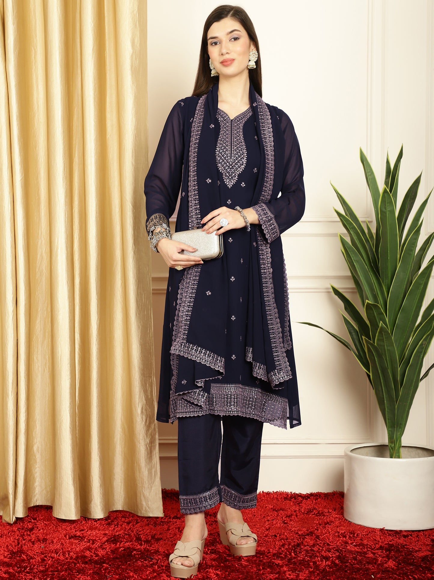 Stylee Lifestyle Navy Blue Georgette Embroidered Suit Set - Distacart