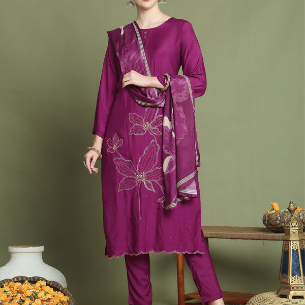 Stylee Lifestyle Magenta Muslin Embroidered Suit Set - Distacart